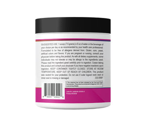 Back label of a supplement container with text and a purple band on a white background