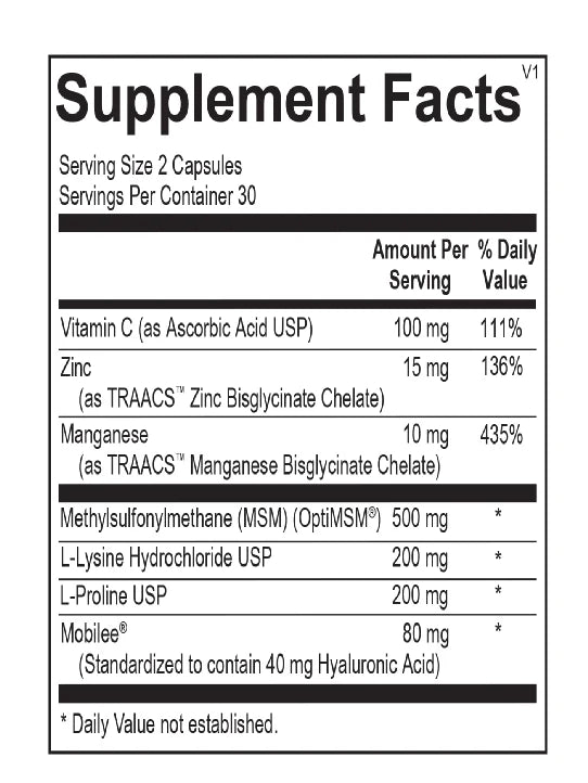 Collagen Plus Joint supplement facts label with various nutrients listed on a white background